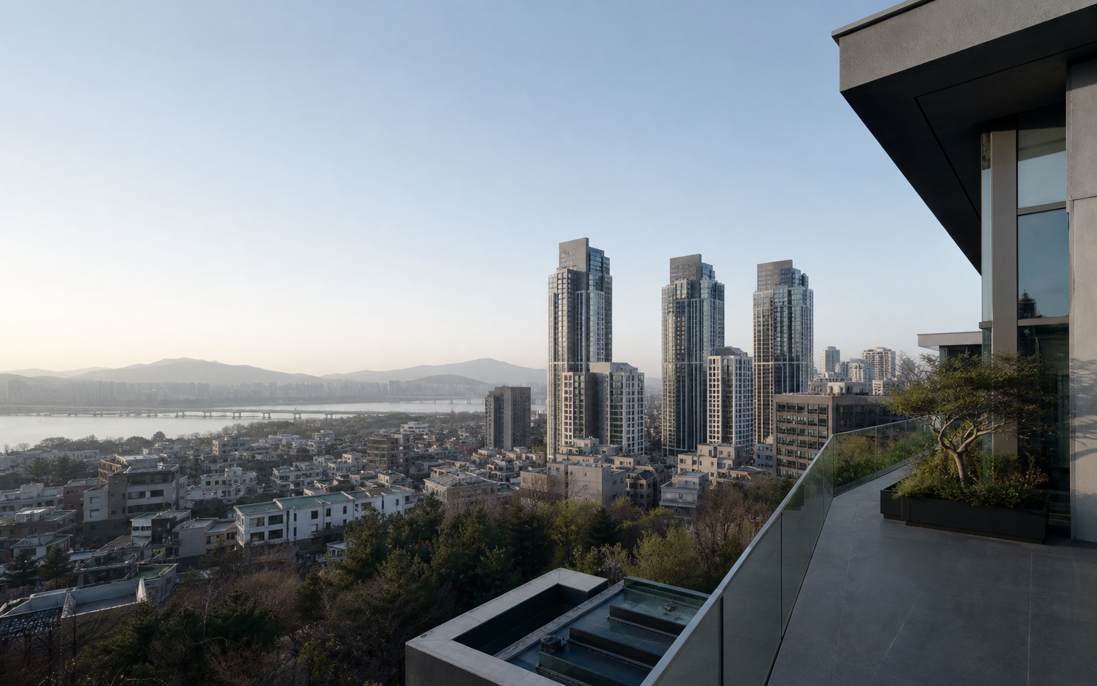 Contemporary Seoul residential skyline and Han River